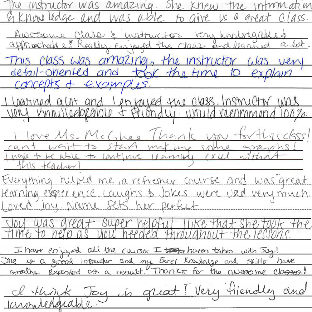 Handwritten anonymous participant feedback from a learning experience